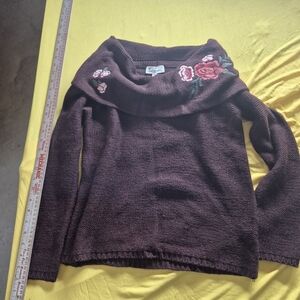 Cloud Chaser Embroidered Off-Shoulder Sweater - Brown with Pink Roses
